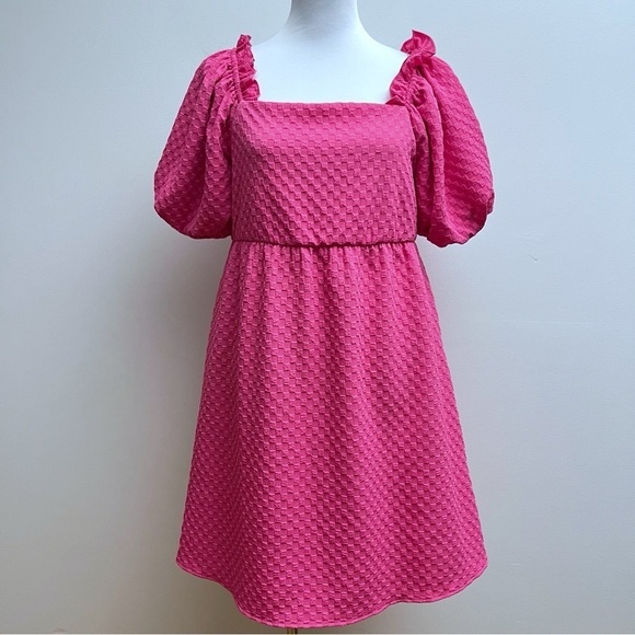 Ces Femme Hot Pink Gingham Puff Sleeve Square Neck Skater Mini Dress Large - Picture 1 of 10